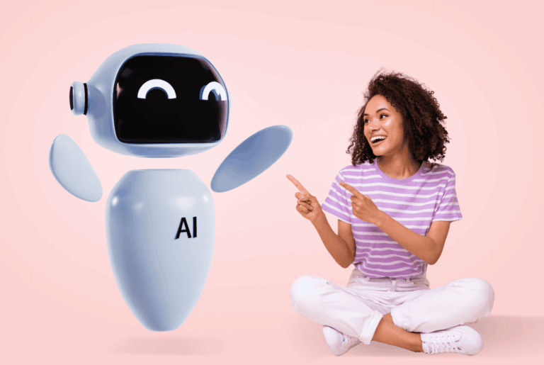 Femme assise à côté d'un robot IA